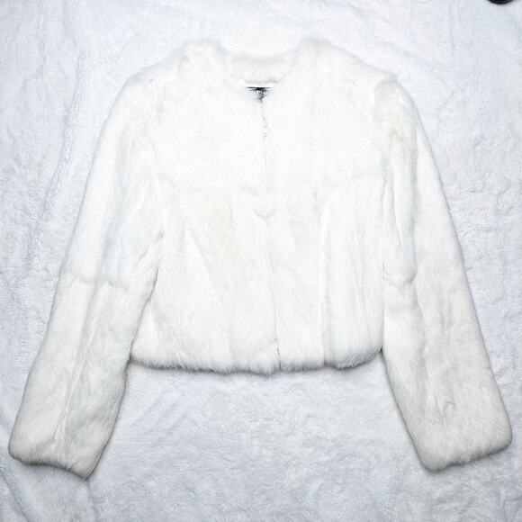 BEBE Ivory Cream Rabbit Fur Cropped Zip-up Jacket Lined Coat size Small - Picture 4 of 13